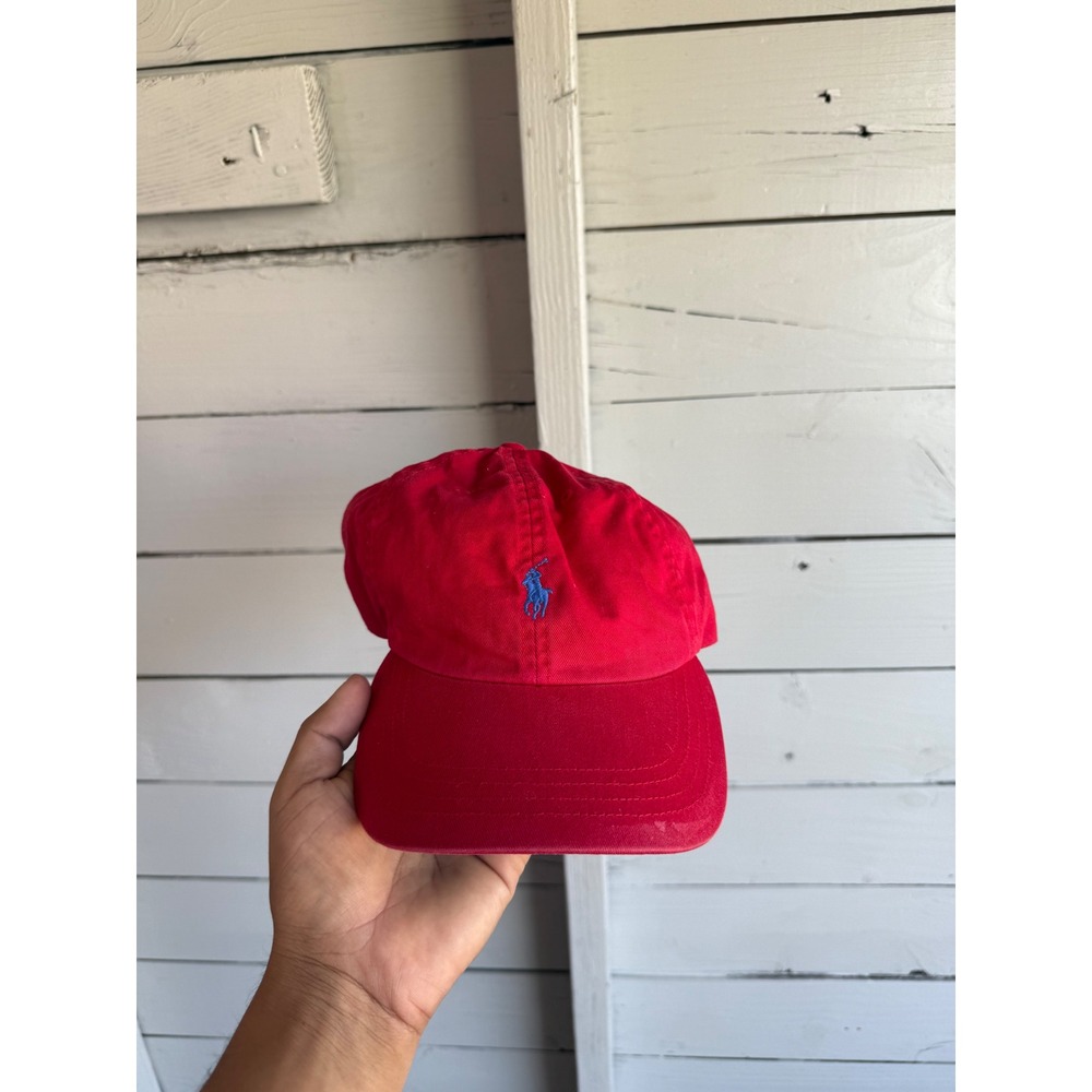 Polo Ralph Lauren Red Baseball Cap Blue Pony Leather Strap Hat